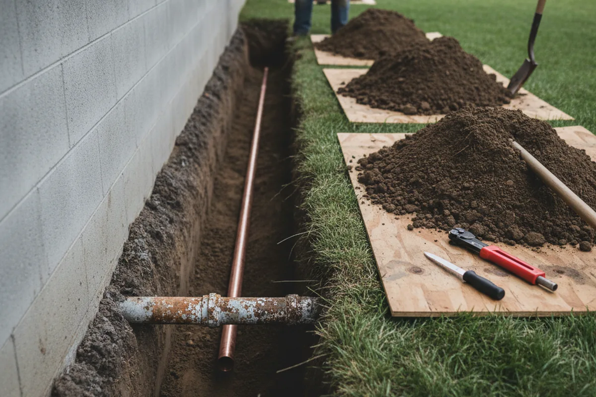 Excavated water line trench during Sewer Line Repair in Cottage Hills